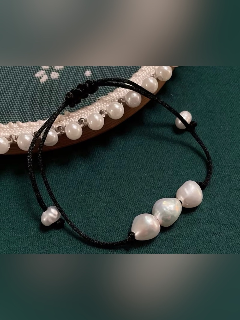 Pearl Bead Adjustable Bracelet - White Pearls on Black Cord